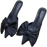 Aiertu 2022 Spring Pointed Toe Stiletto Heel Kitten Heels Bow Heel-Free Slippers for Women Aiertu