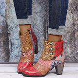 Xajzpa - Bohemian Female Martin Boots Women Casual Retro Ethnic Wind Printing High Heels Shoes New Woman Leather Short Ankle Booties