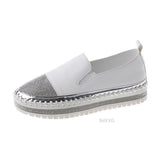 Xajzpa - Crystals Round Toe Leather Flats Shoes Women Silver Bling Loafers Couple Platform Shoes Woman Flat With Students Size 43