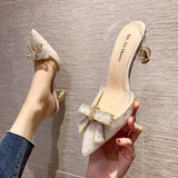 Xajzpa - Women's Elegant Crystal Butterfly-knot Shallow Wedding Shoes Korean Fashion Women Pumps Solid Flock Pointed Toe High Heels Shoes