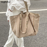 Xajzpa - Women Canvas Shoulder Bags Plaid Double-side Large Capacity Handbags Female Shopping Portable Lazy All-match Foldable Tote Bag