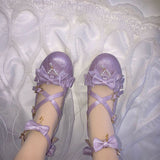 Xajzpa - Sweet Lolita Shoes Vintage Round Head Middle Heel 3-5cm Women Shoes Cute Bowknot Cross Bandage Kawaii Shoes Loli  Kawaii Girl