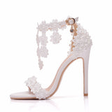 Xajzpa - Crystal Queen Women Ankle Strap Sandals White Lace Flowers Pearl Tassel  Super Stiletto High Heels Slender Bridal Wedding Shoes