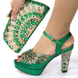 Xajzpa - NEW GREEN With Print Desgin Shoes And Evening Bag Set Hot Sale Sandal Shoes With Handbag  Heel Height 10.5CM