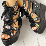 Xajzpa - INS Hot Print Leisure Wedges Women's Shoes Summer Shoes Women Sandals Platform Shoelaces High Heels Casual Shoes Woman