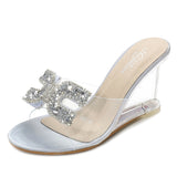 Xajzpa - Ladies Sexy Female Rhinestone Transparent Heel Wedges Slip On Shoe High Heel Crystal Sandals Women Summer Peep Toe Sandals