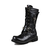 Xajzpa - Men's Leather Motorcycle Boots Mid-calf Military Combat Boots Gothic Belt Punk Boots Men Shoes Tactical Army Boot