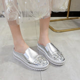 Xajzpa - Crystals Round Toe Leather Flats Shoes Women Silver Bling Loafers Couple Platform Shoes Woman Flat With Students Size 43
