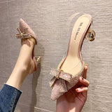 Xajzpa - Women's Elegant Crystal Butterfly-knot Shallow Wedding Shoes Korean Fashion Women Pumps Solid Flock Pointed Toe High Heels Shoes
