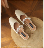 Xajzpa - Female Shoes Slippers Soft Platform Women Heels Square Toe Med Mules Sexy Comfort Summer Square Mid Heel Pearl PU Slides