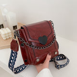 Xajzpa - Female Crossbody Bag Vintage Pu Leather Solid Heart Hasp Square Bucket Bags Lady Luxury Wide Strap Chain Shoulder Messenger Bag