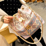 Xajzpa - Bag for Women Bohemia Style Canvas Drawstring Bucket Bag Pearl Shoulder Handbags Women Messenger Bags Bolsa Feminina Bolsos
