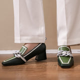 Xajzpa - Colorblock Chain Decor Square Toe Chunky Heels