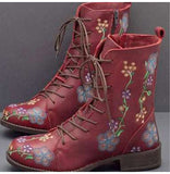 Xajzpa - Woman Ankle Boots Embroidery Big Size 43 Flower Boots Women Autumn Winter Lace Up PU Leather Female Footwear Ladies Shoes