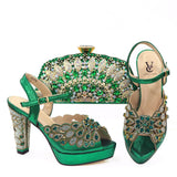 Xajzpa - NEW GREEN With Print Desgin Shoes And Evening Bag Set Hot Sale Sandal Shoes With Handbag  Heel Height 10.5CM