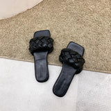Xajzpa - Fashion Weave Slippers Women Square Toe Flat Casual Shoes Women Slide 2023 Summer Flip Flops Beach Sandal Slipper Big Size 40
