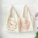 Xajzpa - Canvas Cartoon Tote Bags Women Large Capacity Plush Embroidery Bear Student Book Storage Bags Casual Cute Shopping Bags Female