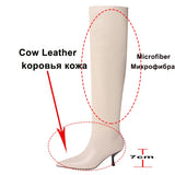 Xajzpa - Meotina Pleated Real Leather High Heel Long Boots Women Shoes Pointed Toe Stiletto Heels Knee-High Boots Autumn Winter Beige 43