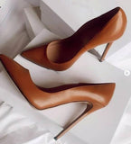 Xajzpa - Brown Matte Leather High Heel Shoes Sexy Pointed Toe Women Pumps Super High 12/10cm Stiletto Heels Office Lady Shoes