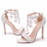 Xajzpa - Crystal Queen Women Ankle Strap Sandals White Lace Flowers Pearl Tassel  Super Stiletto High Heels Slender Bridal Wedding Shoes