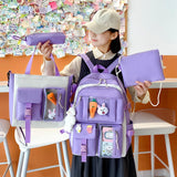 Xajzpa - New 4 Pcs Sets Purple Colour Children's School Backpack Kawaii Women's Backpack Bookbag School Bags for Teens Girls Mochila