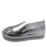 Xajzpa - Crystals Round Toe Leather Flats Shoes Women Silver Bling Loafers Couple Platform Shoes Woman Flat With Students Size 43