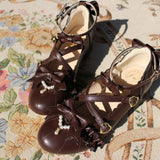 Xajzpa - Sweet Lolita Shoes Vintage Round Head Middle Heel 3-5cm Women Shoes Cute Bowknot Cross Bandage Kawaii Shoes Loli  Kawaii Girl