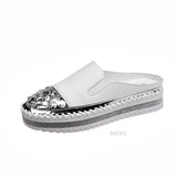 Xajzpa - Crystals Round Toe Leather Flats Shoes Women Silver Bling Loafers Couple Platform Shoes Woman Flat With Students Size 43