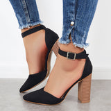 Xajzpa - Casual Chunky Block High Heel Pumps Pointed Toe Ankle Strap Heels