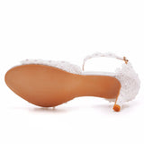 Xajzpa - White Lace Pearl Wedding Shoes Women Open Toe High Heels Luxury Sandals Banquet Dress Stiletto