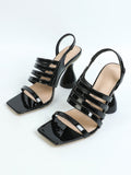 Xajzpa - New Design Square Toe Sandals Ladies Fashion Solid Black Patent Leather Elastic Back Strap Strange Heel Shoes Woman Summer