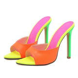 Xajzpa - Sexy Pointed Toe Mule High Heels Slipper Stripper Summer Fashion Mixed Color Slip On Slides Women Party Sandal Shoes