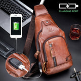 Xajzpa - Men's Retro Top Layer Cowhide Genuine Leather Shoulder Bags Pack USB Crossbody Travel Sling Messenger Pack Chest Bag for Male