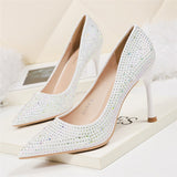 Xajzpa - 2023 Women 6.5cm 9.5cm High Heels Glitter Low Heels Evening Rhinestone Pumps Lady Wedding Bridal Bling Crystal Scarpins Shoes