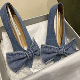 Xajzpa - NEW Blue Square Toe Bowknot Princess Single Shoes Spring and Summer Denim Shallow Mouth Sweet Personality Casual Flat Shoes