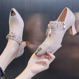 Xajzpa - New High Heels Woman,Fashion Sexy Women Pumps,Rhinestone Shoes,Block Heel,Pointed Toe,Side Zip,Black,Beige,Dropship