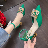 Xajzpa - Bling Crystal High Heels Pumps Women Elegant Pearl Buckle Square Heels Wedding Party Shoes Ladies Pointed Toe Ankle Strap Pumps