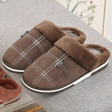 Xajzpa - Winter warm slippers men Suede Gingham Short plush Indoor shoes for male Non slip Cozy Velvet Waterproof Fur home men slippers