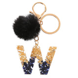 Xajzpa - Black Pompom Letter Keychain Glitter Gradient Resin A-Z Initials Alphabet Keyring Pendant Women Handbag Phone Decorative Gift