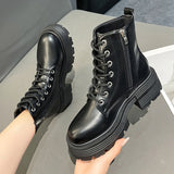 Xajzpa - Chunky Platform Motorcycle Boots for Women 2023 Autumn Winter PU Leather Ankle Booties Woman Thick Bottom Non Slip Combat Boots