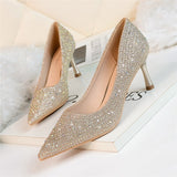 Xajzpa - 2023 Women 6.5cm 9.5cm High Heels Glitter Low Heels Evening Rhinestone Pumps Lady Wedding Bridal Bling Crystal Scarpins Shoes