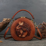 Xajzpa - 2023 New Retro Round Women's Genuine Leather Handbags For Ladies Luxury Designer Rabbit Embossed Shoulder Messenger Bags