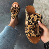 Xajzpa - Summer Female Flat Slippers Women's Fashion Tassel Comfortable Shoes Ladies Leopard New Sewing Open Toe Footwear Plus Size