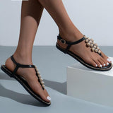 Xajzpa - Female Flats Shoes 2023 Summer Women's Sandals Fashion Sweet Pearl Decoration Outside Casual Beach Holiday Big Size  Sandalias