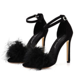 Xajzpa - Women Summer Sandals Fluffy Peep Toe Stilettos High Heels  Fur Feather Lady Wedding Shoes  Large Size 42