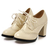 Xajzpa - Vintage Lace Up Women Pumps Cut Out Oxford Shoes Chunky Heel Patent Leather High Heels Lady Ankle Boots WHH132