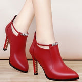 Xajzpa - Botas Mujer new Winter Boots Women Shallow Round Toe Red Women's Boots Thin Heels Zip Ankle Boots Pu Leather Zapatos De Mujer