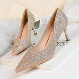 Xajzpa - 2023 Women 6.5cm 9.5cm High Heels Glitter Low Heels Evening Rhinestone Pumps Lady Wedding Bridal Bling Crystal Scarpins Shoes