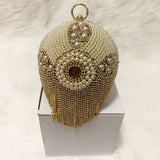 Xajzpa - Round Rhinestone Dinner Bag Diamond and Pearl Check Chain Fashion Clutch Party Bridal Banquet Bag Gold Glitter Shining Purse