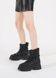 Xajzpa - Ladies Black Down Cross Straps High Heels Platform Snow Boots Women Punk Booties Winter Comfortable Warm Ankle Short Boots Shoes